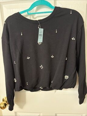 LOFT Black Crystal-Embellished Crewneck Sweatshirt bubble hem.